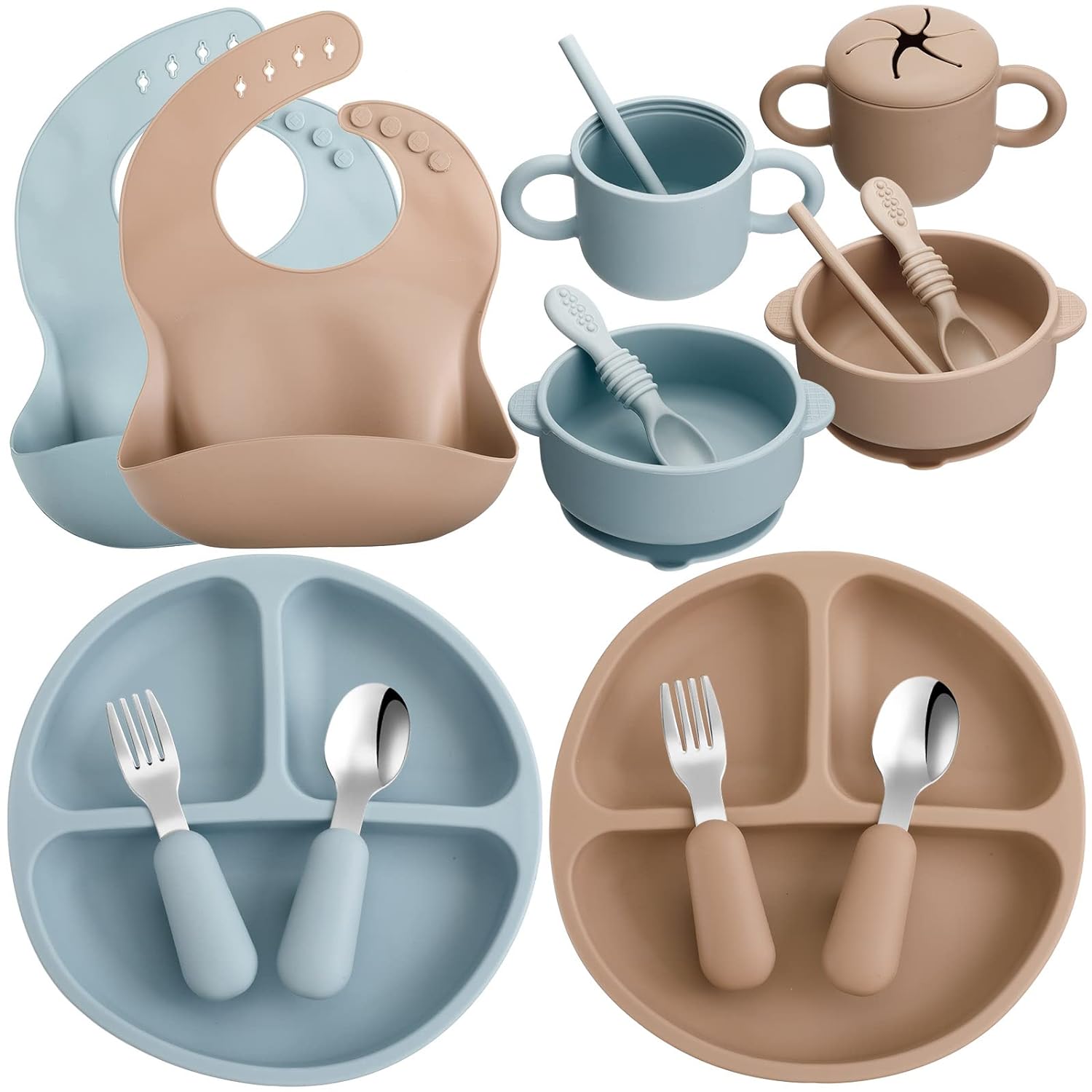 230816040446046_1 16 Pcs Silicone Baby Feeding Set Baby Led Weaning Supplies Baby Eating Supplies Utensils with Divided Silicone Suction Plates Adjustable Bib Bowl Cutlery Snack Cup Spoons Straw Green Beige 6 Months+ - Image 1
